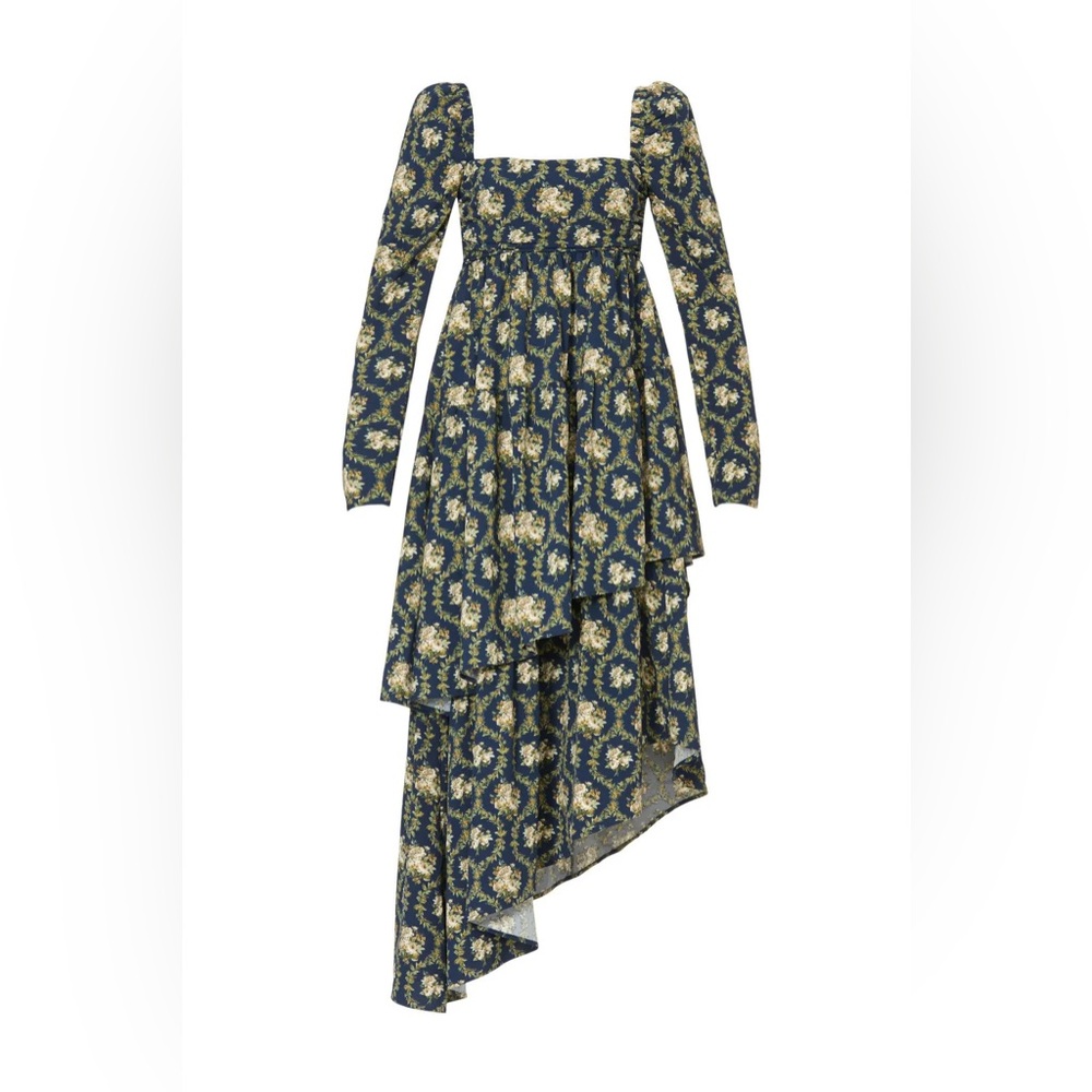 NWT WeWoreWhat Puff Sleeve Asymmetrical Dress Navy Victorian Floral Print Size 4